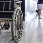 Closeup of a wheelchair in a nursing home setting