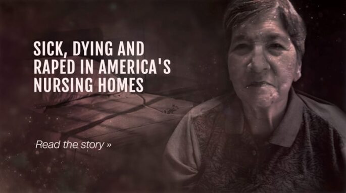 An older woman appears next to text that reads "Sick, dying and raped in America's nursing homes". Designed by CNN.