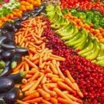 Rows of eggplants, carrots, cherries, bananas, and other fruits & vegetables