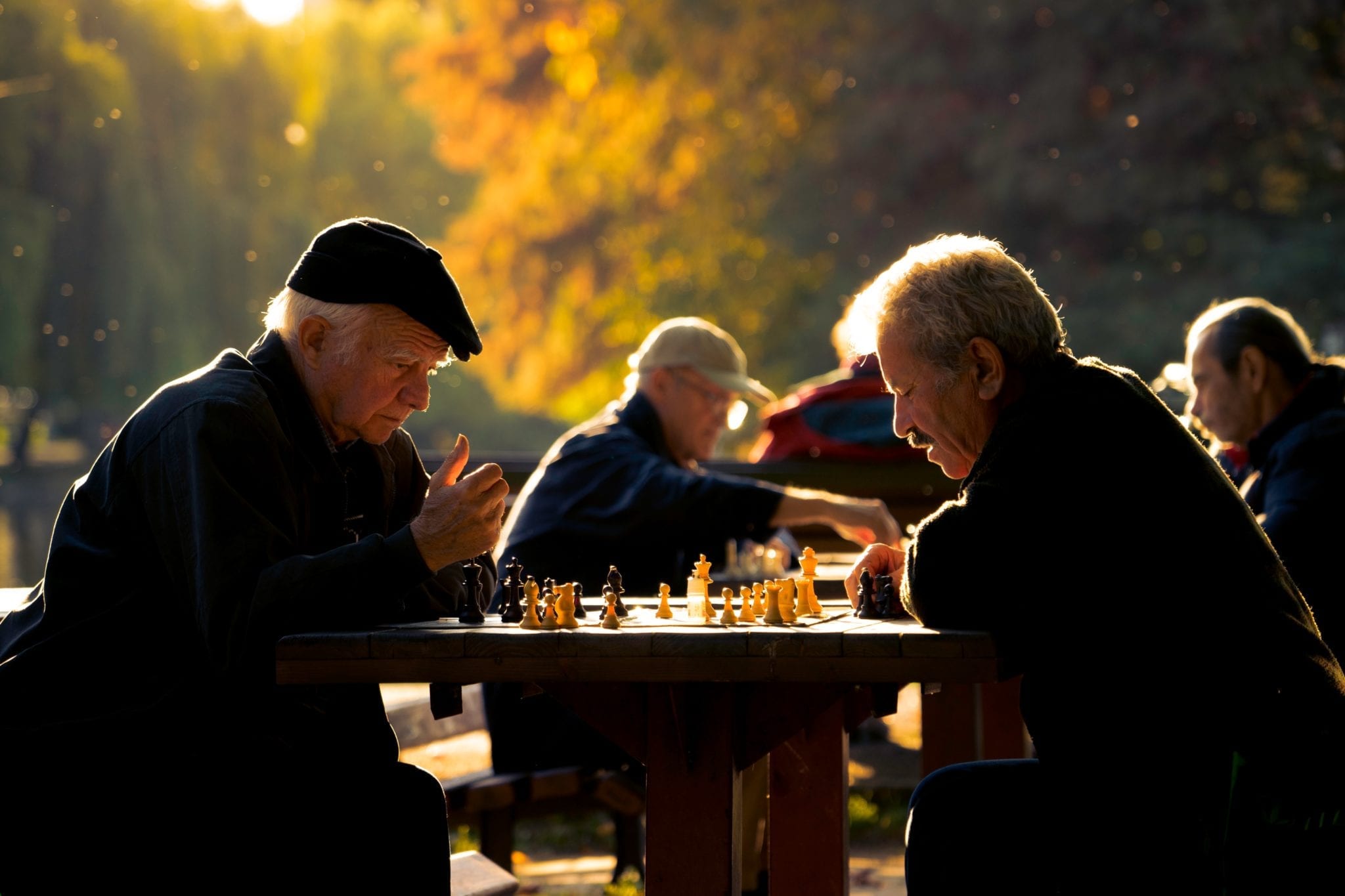 Older men play chess outside in a park