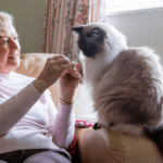 an older woman sits happily with a cat