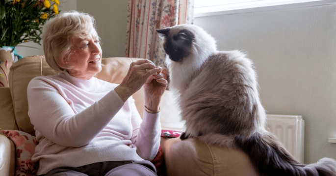 an older woman sits happily with a cat