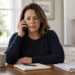 A concerned woman talks on the phone at her kitchen table with papers and a notebook in front of her.