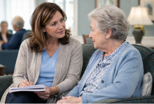 A woman takes notes while speaking with an older adult in a nursing home sitting area.