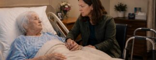 A woman holds the hand of an older adult lying in a hospital bed.