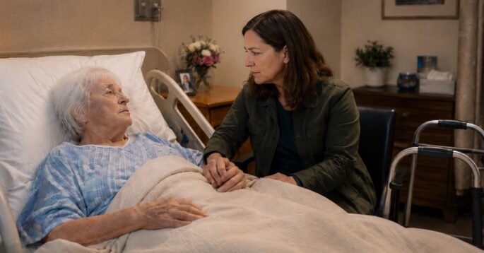 A woman holds the hand of an older adult lying in a hospital bed.