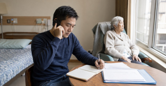 A man talks on the phone and takes notes while an older adult sits by a window in a nursing home room.