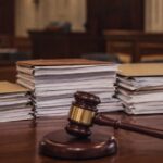 Stacks of legal documents sit on a courtroom table beside a judge's gavel.