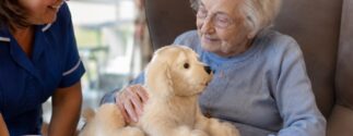 An older adult cares for a robot pet for dementia patients while a caregiver sits beside her.