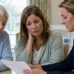 An older adult and family member review documents with a woman seated across from them.