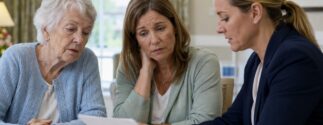 An older adult and family member review documents with a woman seated across from them.