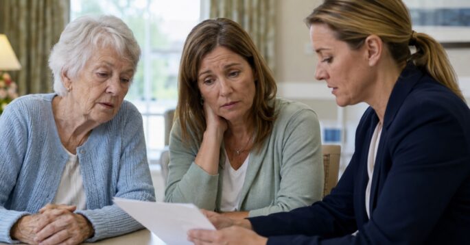 An older adult and family member review documents with a woman seated across from them.