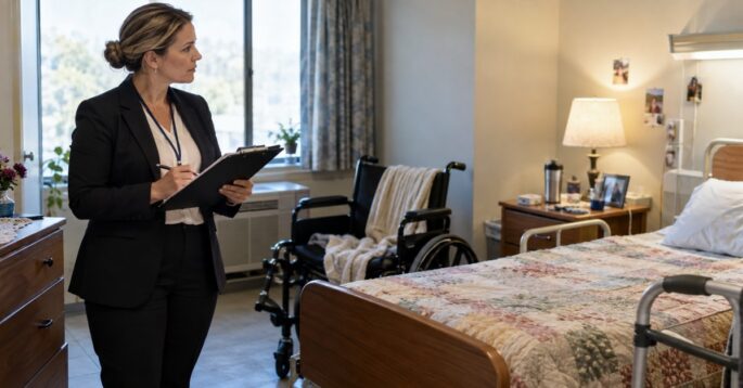A woman takes notes while inspecting a nursing home room with a wheelchair and walker.